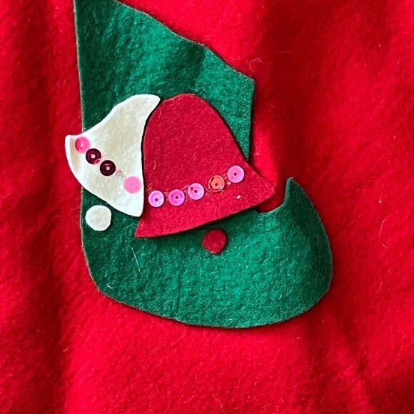 Vintage Handmade Felt Christmas Tree Skirt // Red & Green Pompom Trim - Picture 6 of 8